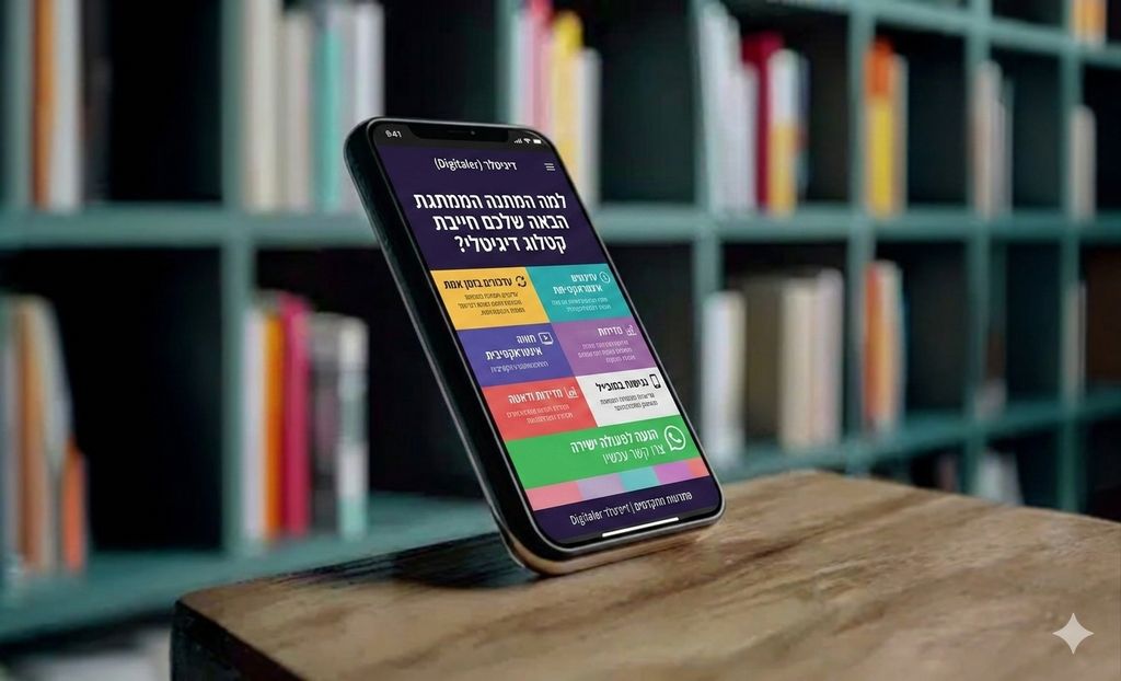 AI סמארטפון בזווית על שולחן עץ על רקע ספרייה. על המסך מופיע קטלוג דיגיטלי מבית דיגיטלר עם אייקונים צבעוניים המציגים קטגוריות