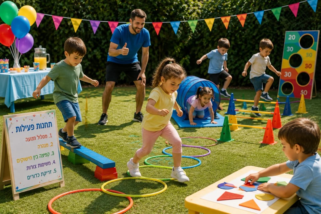 ילדים בגיל הרך משתתפים בתחנות פעילות ואתגר בהפעלת יום הולדת עם מפעיל
